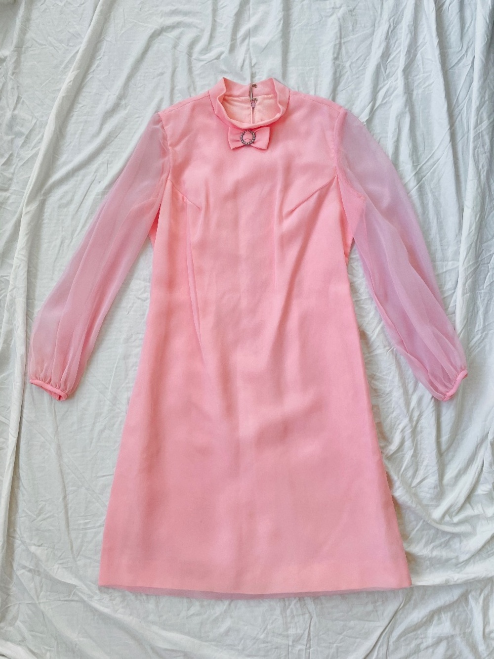 Vintage 1960s Ballet Pink Chiffon Bow Dress L - Picture 2 of 14